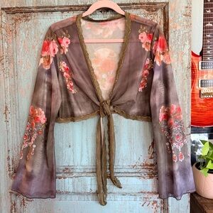 Boho Sheer Floral Tie-Front Cropped Top | One Size | Romantic Mesh Blouse NWOT